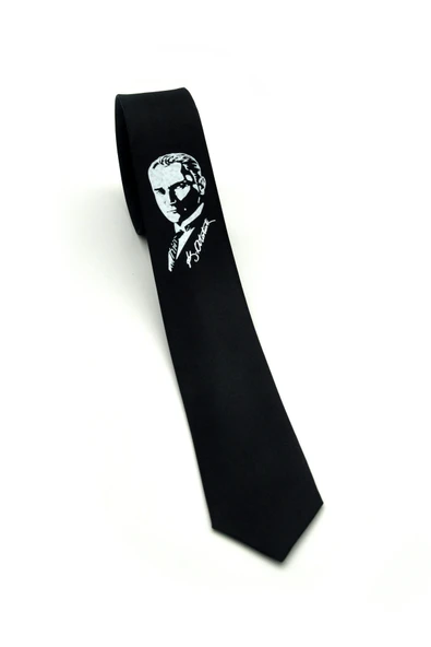 Çocuk Boy Atatürk ve İmza Baskılı Saten Siyah Kravat - CK-29 - Resim 2