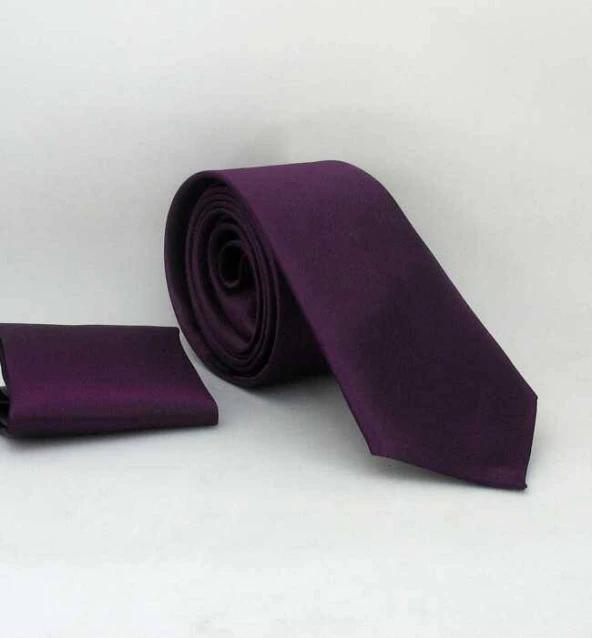 Koyu Mor Slim Fit (ince) Düz Renk Mendilli Saten Kravat - SS-21 ürün görseli