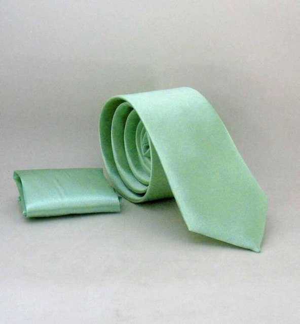 Su Yeşili Slim Fit (ince) Düz Renk Mendilli Saten Kravat - SS-31 ürün görseli