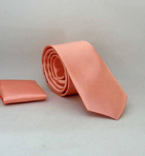 Yavru Ağzı Slim Fit (ince) Düz Renk Mendilli Saten Kravat - SS-44 ürün görseli