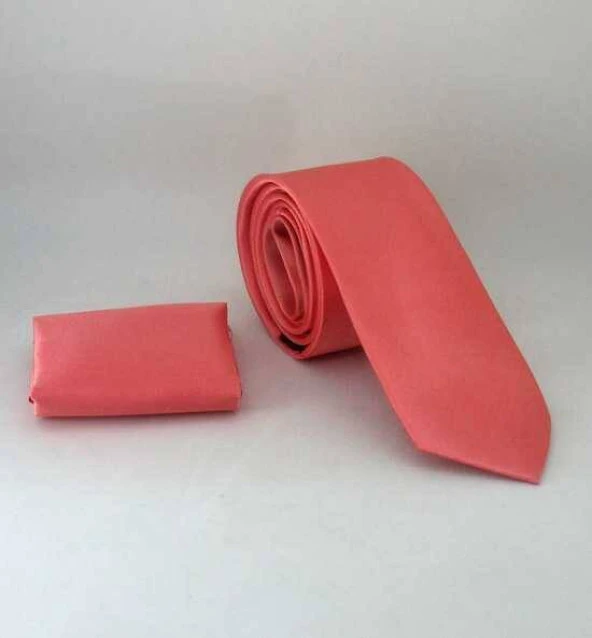 Mercan Slim Fit (ince) Düz Renk Mendilli Saten Kravat - SS-45 ürün görseli