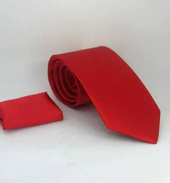 Kırmızı Klasik Düz Renk Mendilli Saten Kravat - KS-02 ürün görseli
