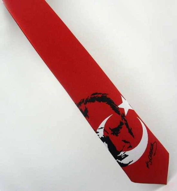 Ay-Yıldız ve Atatürk Desenli Dokuma Kırmızı Kravat - AK-06