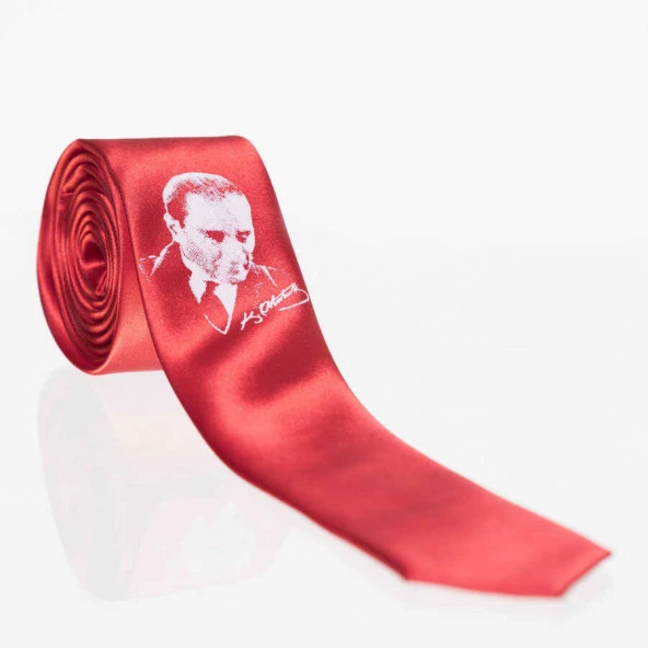 Çocuk Boy Atatürk ve İmza Baskılı Saten Kırmızı Kravat - CK-28
