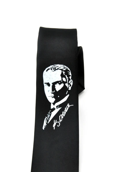 Çocuk Boy Atatürk ve İmza Baskılı Saten Siyah Kravat - CK-29 - Resim 3