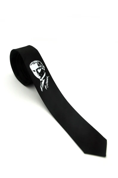 Çocuk Boy Atatürk ve İmza Baskılı Saten Siyah Kravat - CK-29 ürün görseli