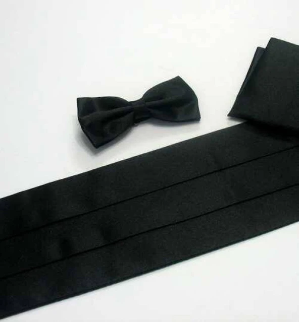 Siyah Düz Renk Damatlık Kuşak Papyon Mendil Saten Takım Set - KP-08