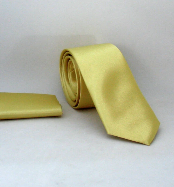 Açık Gold Slim Fit (ince) Düz Renk Mendilli Saten Kravat - SS-36