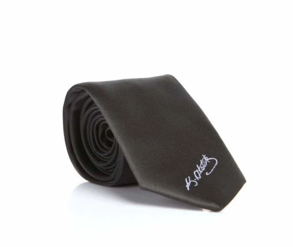 Atatürk İmza Desenli Dokuma Siyah Kravat - AK-18 ürün görseli