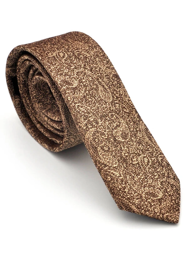 Altın Sarısı Şal Desenli Kahverengi Dokuma Kumaş Mendilli Slim Fit Kravat  / SDK-230204