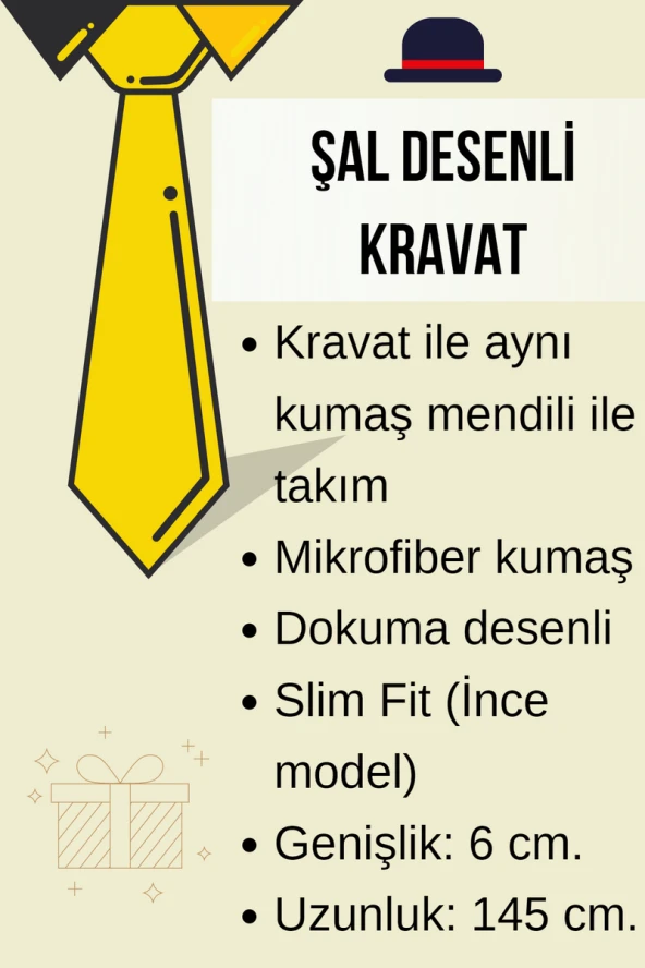 Altın Sarısı Şal Desenli Kahverengi Dokuma Kumaş Mendilli Slim Fit Kravat  / SDK-230204 - 4