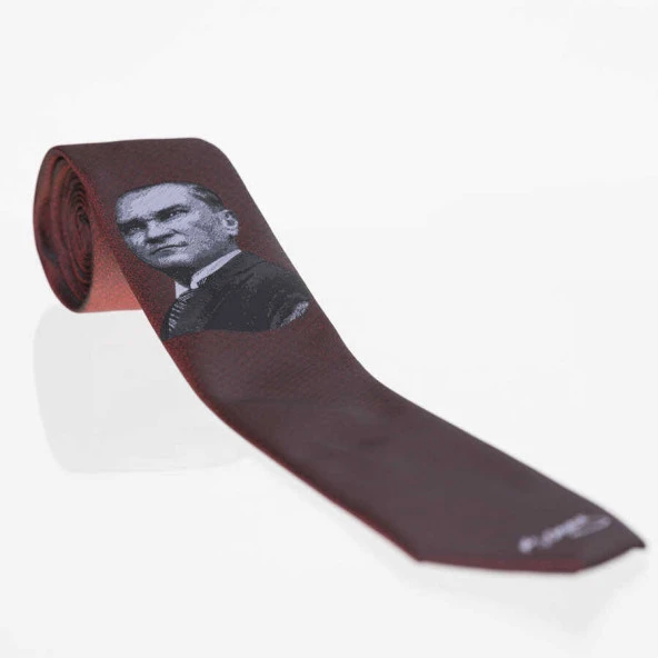 Atatürk ve İmza Desenli Dokuma Bordo Kravat - AK-26 ürün görseli