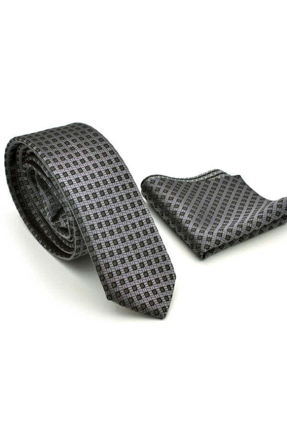 Siyah Pöti Kareli Füme Dokuma Kumaş Mendilli Slim Fit Kravat  / SDK-220703 - Resim 2