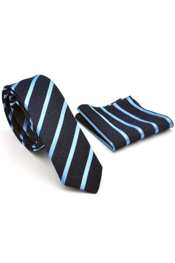 Mavi Verev Çizgili Lacivert Dokuma Kumaş Mendilli Slim Fit Kravat  / SDK-220702 - Resim 2