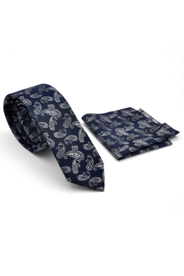 Beyaz Şal Desenli Lacivert Dokuma Kumaş Mendilli Slim Fit Kravat  / SDK-230209 - Resim 2