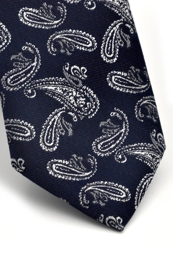 Beyaz Şal Desenli Lacivert Dokuma Kumaş Mendilli Slim Fit Kravat  / SDK-230209 - Resim 3