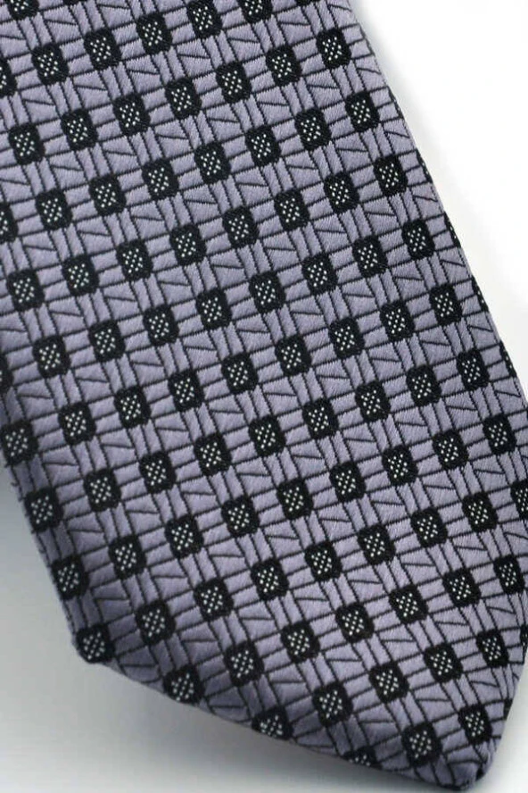 Siyah Pöti Kareli Füme Dokuma Kumaş Mendilli Slim Fit Kravat  / SDK-220703 - Resim 3