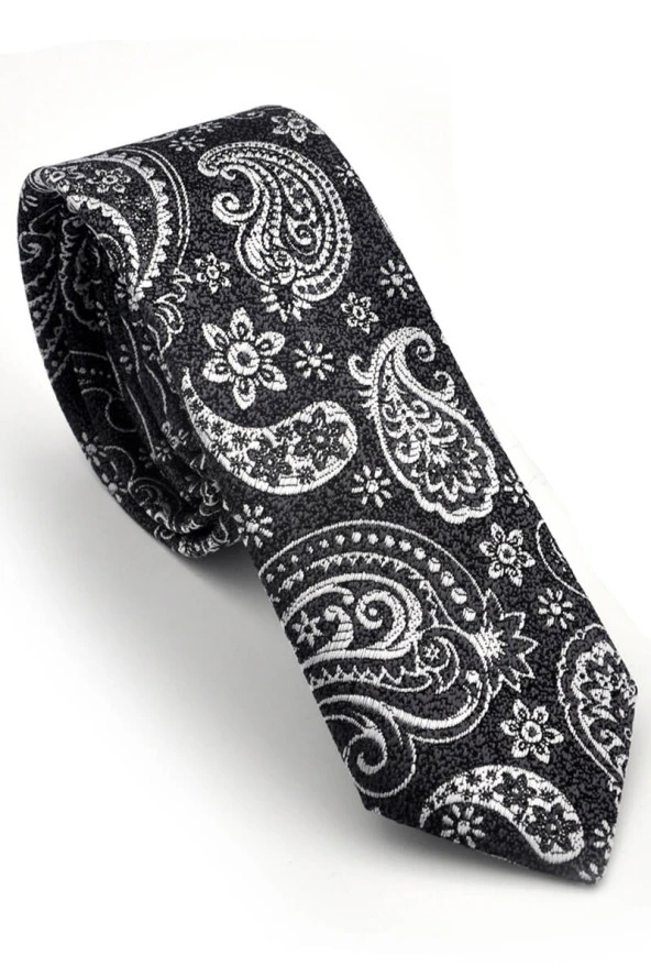 Beyaz Şal Desenli Siyah Dokuma Kumaş Mendilli Slim Fit Kravat  / SDK-230206 ürün görseli