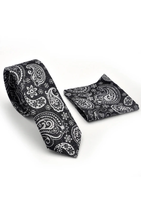 Beyaz Şal Desenli Siyah Dokuma Kumaş Mendilli Slim Fit Kravat  / SDK-230206 - Resim 2