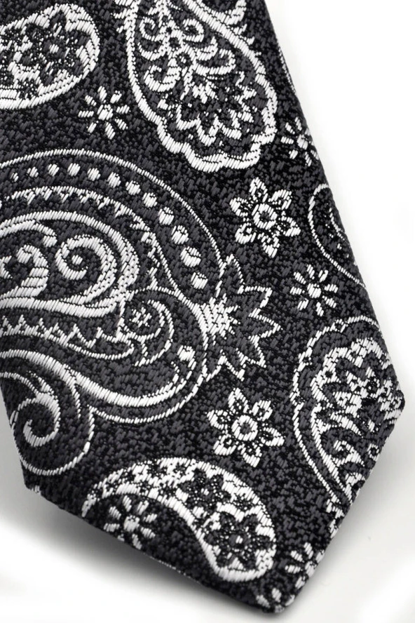 Beyaz Şal Desenli Siyah Dokuma Kumaş Mendilli Slim Fit Kravat  / SDK-230206 - Resim 3