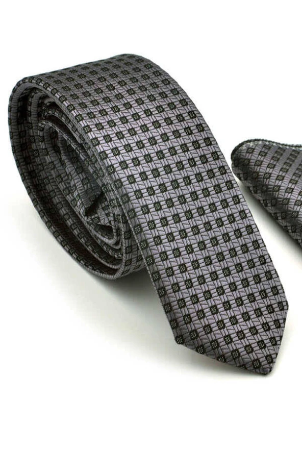 Siyah Pöti Kareli Füme Dokuma Kumaş Mendilli Slim Fit Kravat  / SDK-220703 ürün görseli