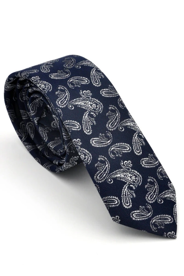 Beyaz Şal Desenli Lacivert Dokuma Kumaş Mendilli Slim Fit Kravat  / SDK-230209 ürün görseli