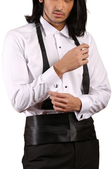 Beyaz Siyah Taş Düğmeli Damatlık Ata Yaka Kol Düğmeli Slim Fit Smokin Gömlek - 006 - Resim 6