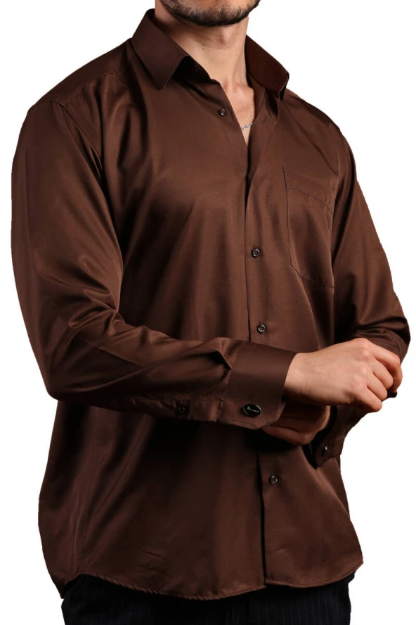 Kahverengi Rahat Kesim Micro Kumaş Kol Düğmeli Regular Fit Erkek Gömlek - 190-11