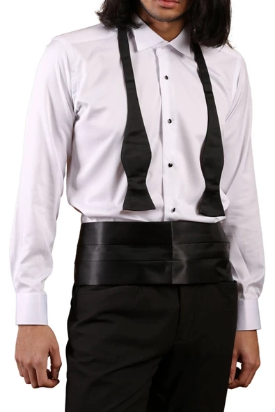 Beyaz Siyah Taş Düğmeli Damatlık Ata Yaka Kol Düğmeli Slim Fit Smokin Gömlek - 006 - Resim 2