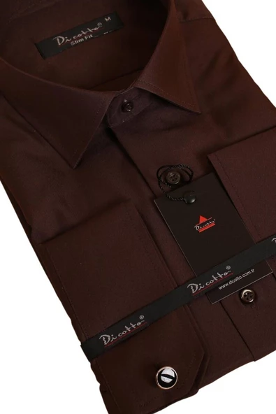 Kahverengi Dar Kesim Micro Kumaş Kol Düğmeli Slim Fit Erkek Gömlek - 201-11 - Resim 2