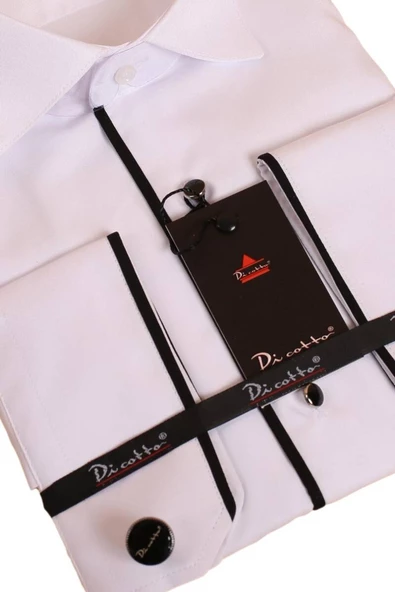 Beyaz Siyah Tek Bieli Damatlık Ata Yaka Kol Düğmeli Slim Fit Smokin Gömlek - 027 - Resim 2