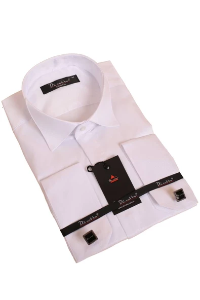 Beyaz Gizli Düğmeli Damatlık Ata Yaka Kol Düğmeli Slim Fit Smokin Gömlek - 001