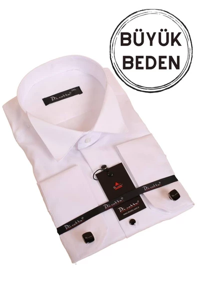 Beyaz Büyük Beden Siyah Taş Düğmeli Damatlık Ata Yaka Kol Düğmeli Slim Fit Smokin Gömlek - 090 - Resim 3