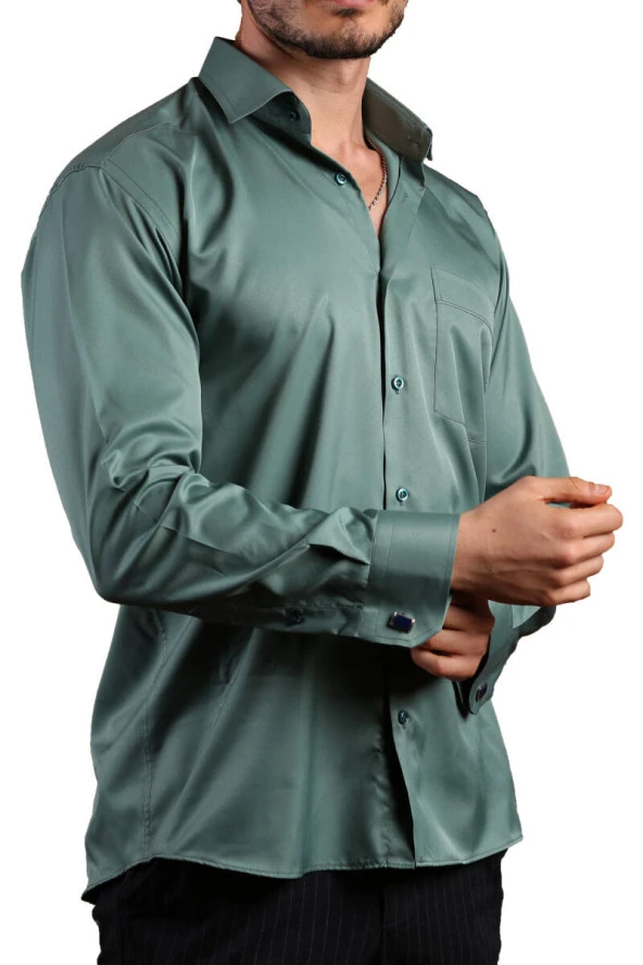 Haki Yeşil Büyük Beden Rahat Kesim Micro Kumaş Kol Düğmeli Regular Fit Erkek Gömlek - 190-19