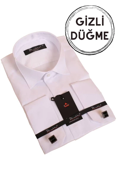 Beyaz Gizli Düğmeli Damatlık Ata Yaka Kol Düğmeli Slim Fit Smokin Gömlek - 001 - Resim 2