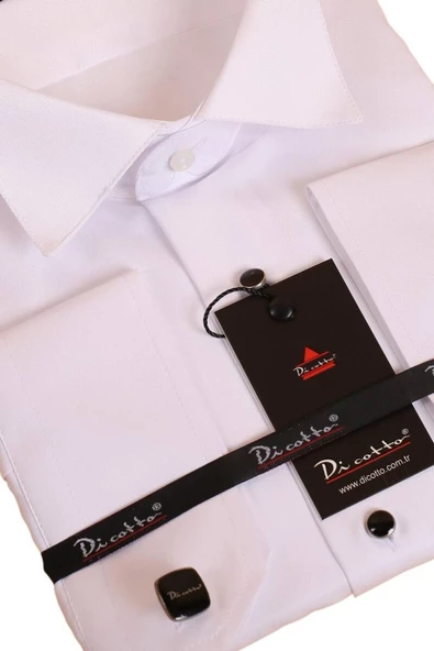 Beyaz Büyük Beden Siyah Taş Düğmeli Damatlık Ata Yaka Kol Düğmeli Slim Fit Smokin Gömlek - 090 - Resim 2