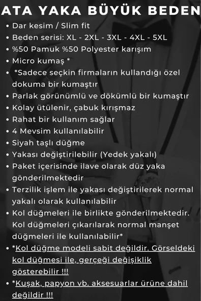 Beyaz Büyük Beden Siyah Taş Düğmeli Damatlık Ata Yaka Kol Düğmeli Slim Fit Smokin Gömlek - 090 - Resim 5