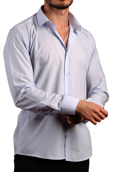 Açık Mavi Dar Kesim Slim Fit Uzun Kol Düz Renk Erkek Gömlek  - 151-3 - Resim 3