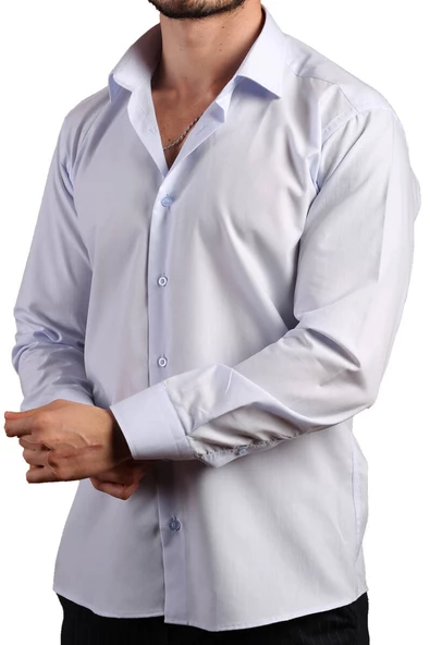 Açık Mavi Dar Kesim Slim Fit Uzun Kol Düz Renk Erkek Gömlek  - 151-3 - Resim 2