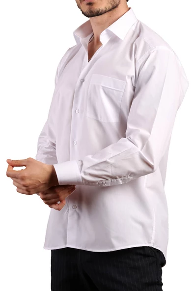 Beyaz Rahat Kesim Cepli Uzun Kol Regular Fit Erkek Gömlek  - 150-1 - 2