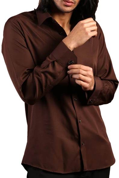 Kahverengi Dar Kesim Micro Kumaş Kol Düğmeli Slim Fit Erkek Gömlek - 201-11 - Resim 3