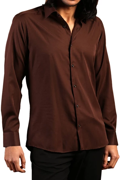 Kahverengi Dar Kesim Micro Kumaş Kol Düğmeli Slim Fit Erkek Gömlek - 201-11 - Resim 2