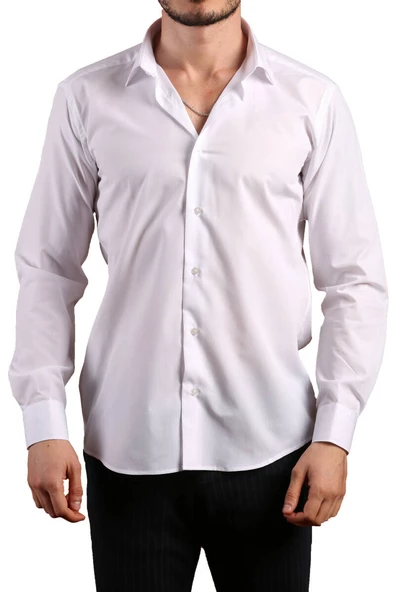 Beyaz Dar Kesim Slim Fit Uzun Kol Düz Renk Erkek Gömlek  - 151-1