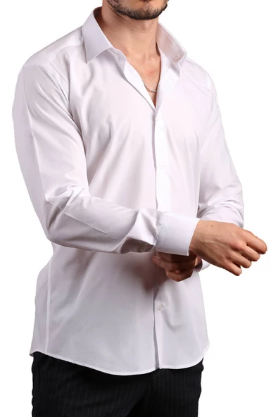 Beyaz Dar Kesim Slim Fit Uzun Kol Düz Renk Erkek Gömlek  - 151-1 - Resim 3