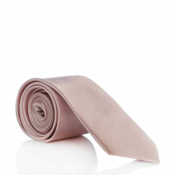 Pudra Pembe Slim Fit (ince) Düz Renk Mendilli Saten Kravat - SS-39__ ürün görseli