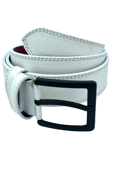 Beyaz Suni Deri Çift Dikişli Damar Desenli Model 4 cm.lik Spor Kemer - 9016-11 - Resim 3
