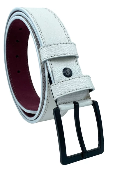 Beyaz Suni Deri Çift Dikişli Damar Desenli Model 4 cm.lik Spor Kemer - 9016-11 - Resim 5