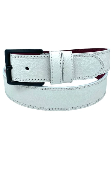 Beyaz Suni Deri Çift Dikişli Damar Desenli Model 4 cm.lik Spor Kemer - 9016-11 - Resim 2