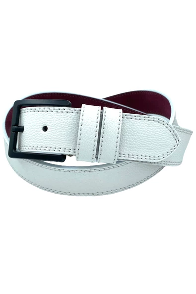 Beyaz Suni Deri Çift Dikişli Damar Desenli Model 4 cm.lik Spor Kemer - 9016-11 - Resim 4