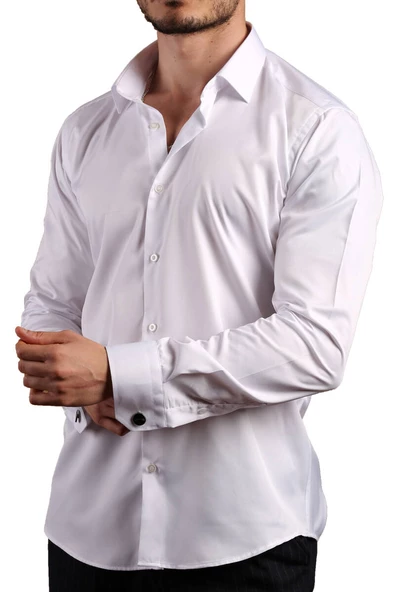 Beyaz 8 Drop Ekstra Uzun Kol Dar Kesim Micro Kumaş Kol Düğmeli Slim Fit Erkek Gömlek - 197-1 - Resim 2